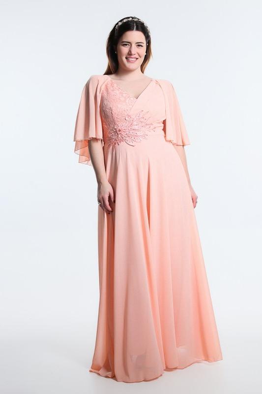 A-line V-neck Chiffon Embroidery Cape Bridesmaid Dress - Salmon / 4XL-6XL A-line V-neck Chiffon Embroidery Cape Bridesmaid Dress - Salmon / 4XL-6XL