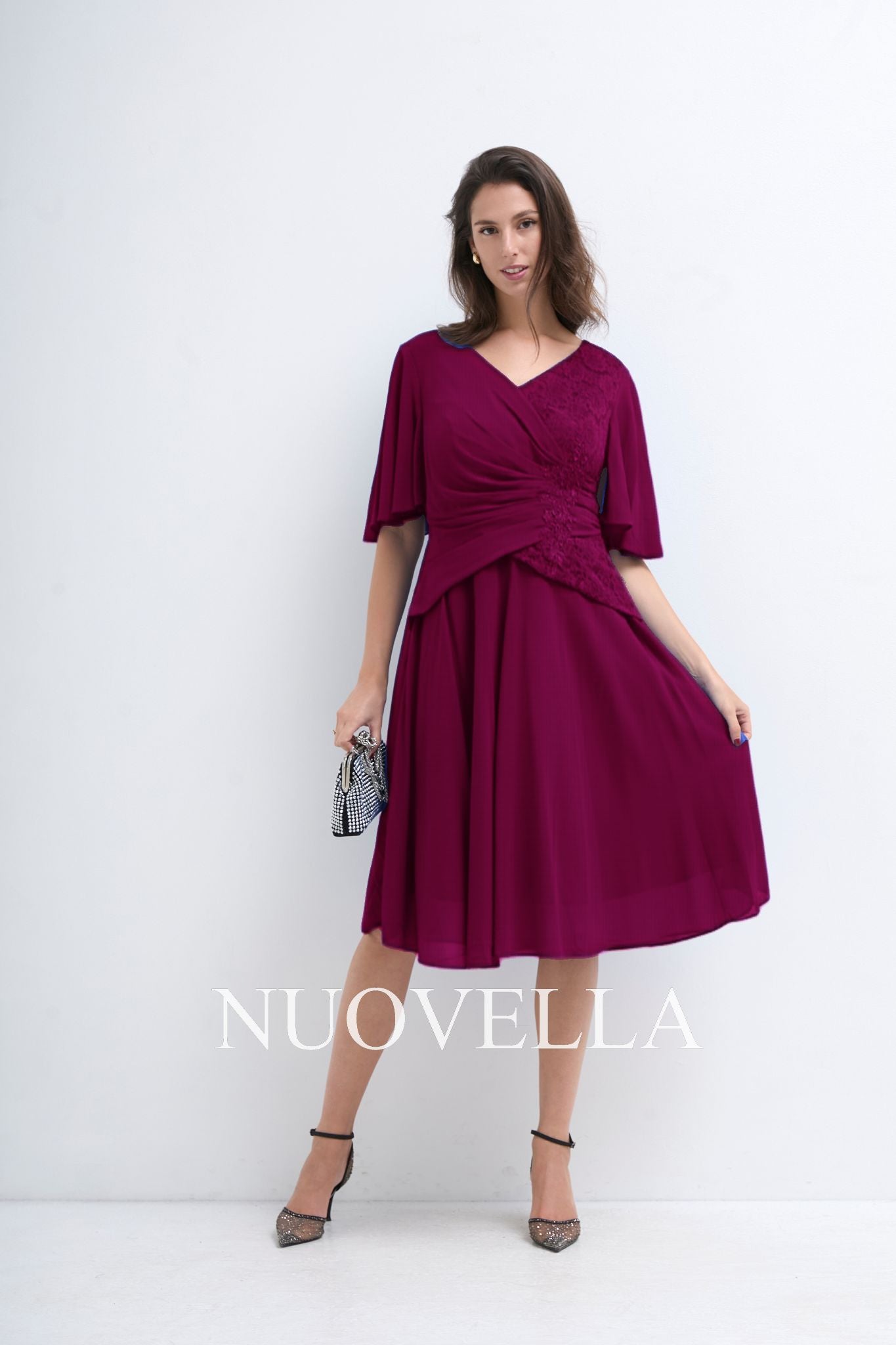 A-line Chiffon Pleated Embroidery Stretch Mom's Dress