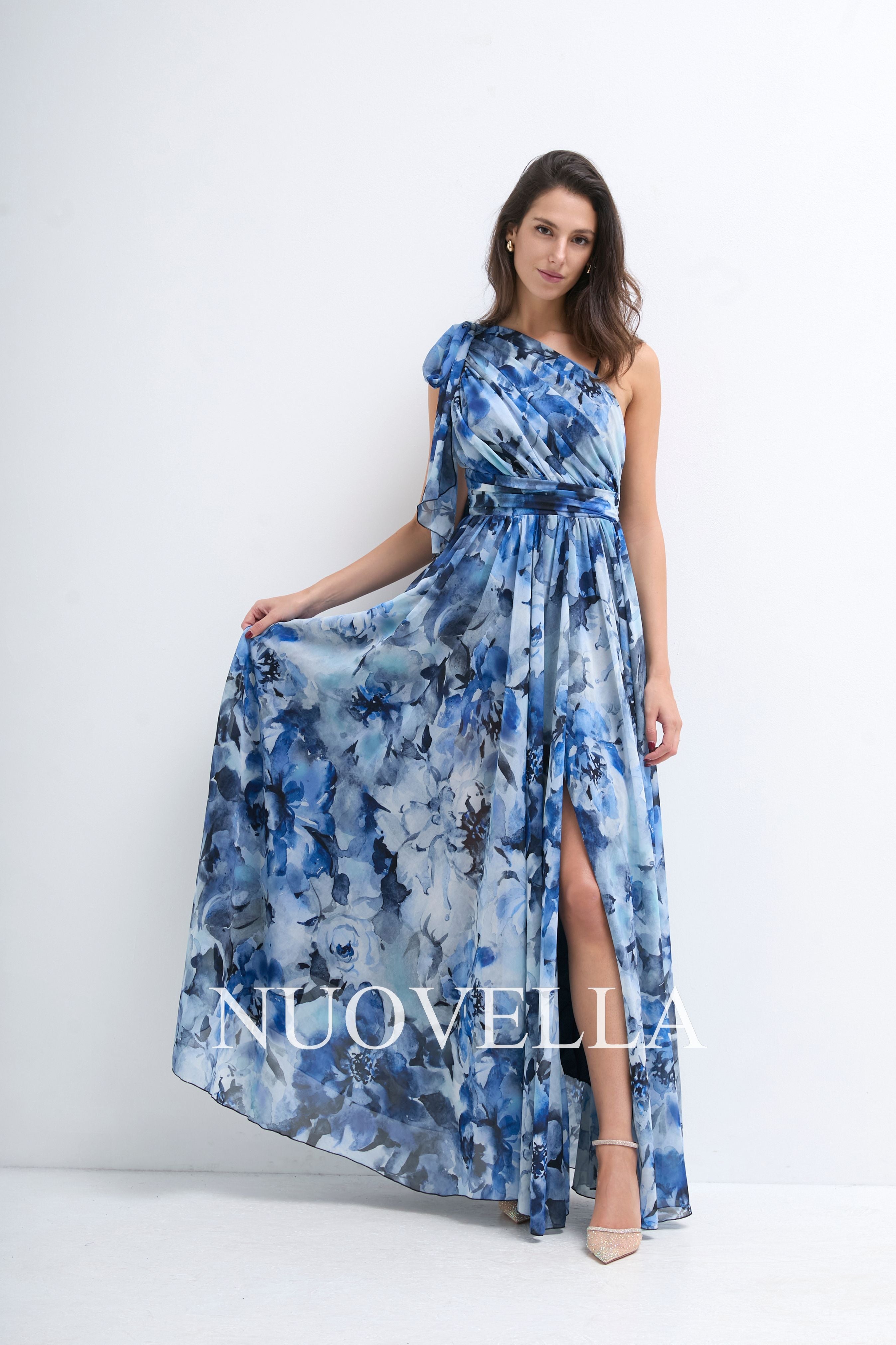 A-line Chiffon Pleated One-Shoulder Floral Print Bridesmaid Dress